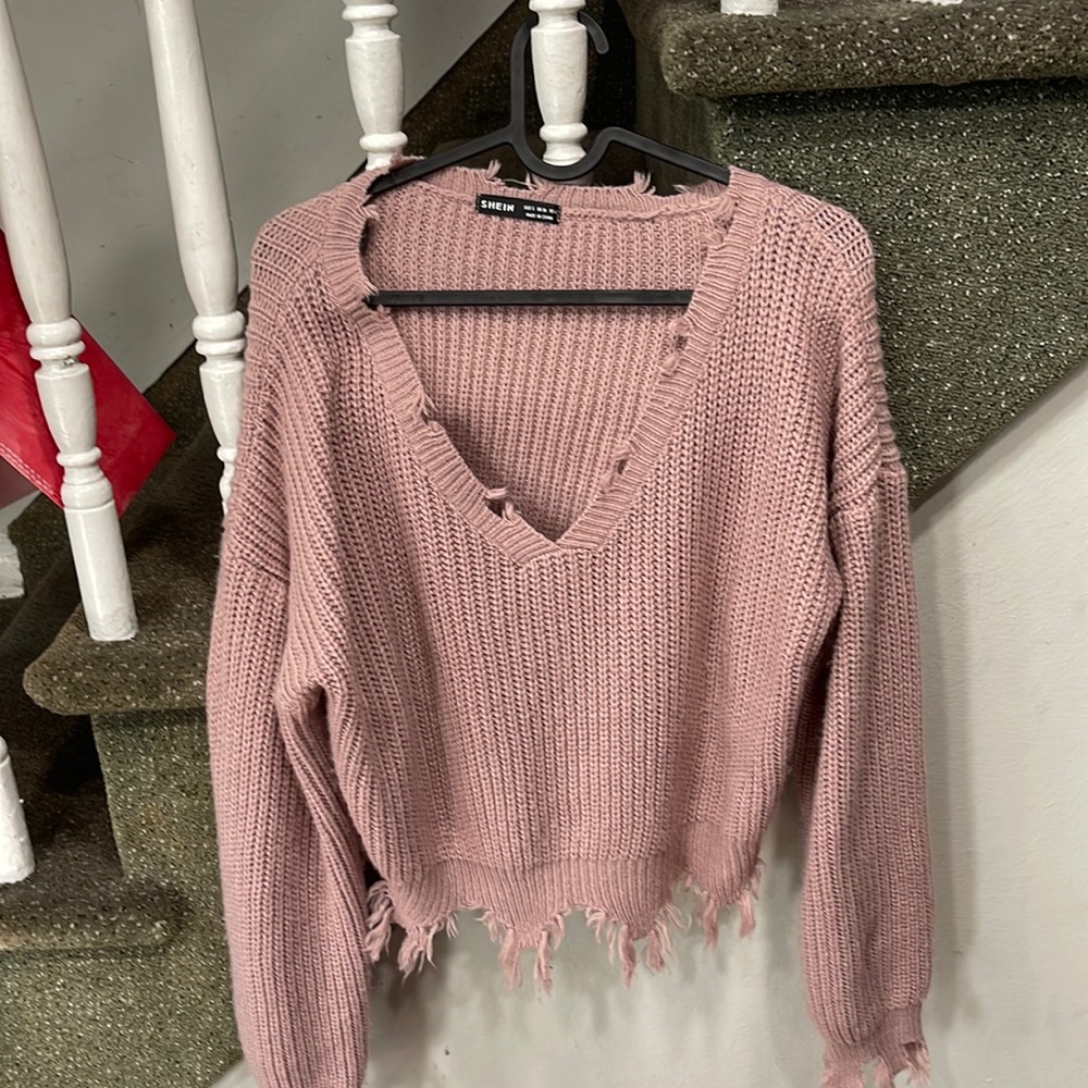 Shein distressed hem rib knit sweater size small 4
